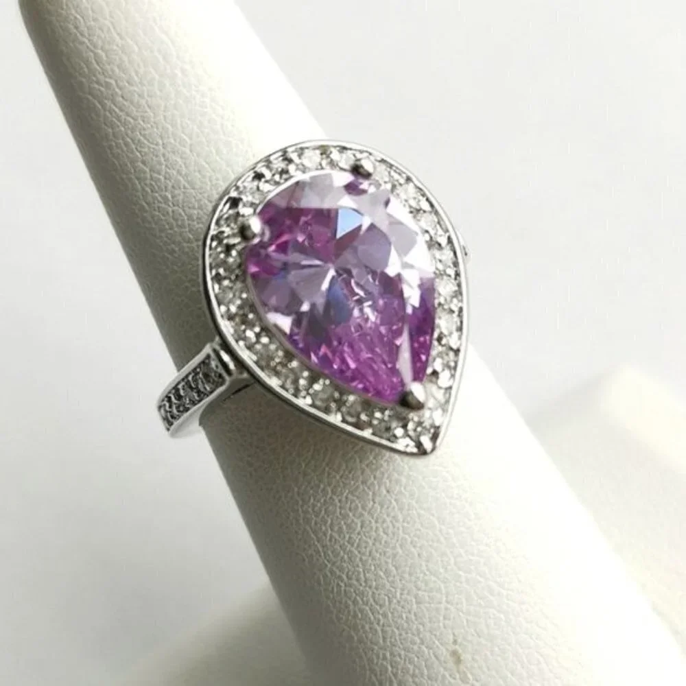 6ct teardrop pear cut lavender Amethyst cz halo cz ring size 8 🆕